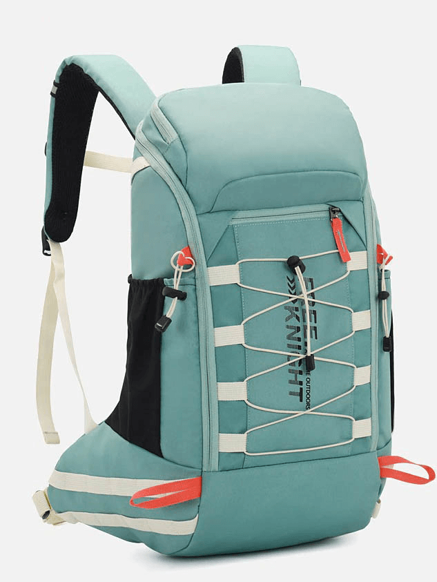 Aqua blue 40L unisex travel backpack with rain cover, featuring a soft handle, jacquard fabric, and a convenient open pocket for outdoor adventures.
